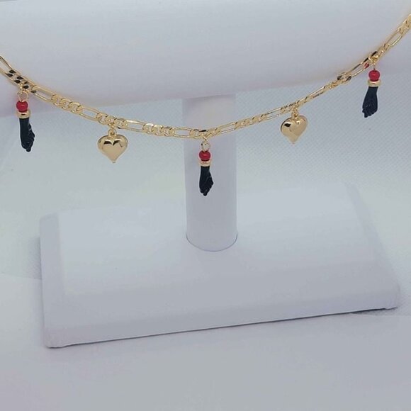 Brand New Brazilian 18k Gold Filled Heart & Azabache Anklet - Picture 2 of 7